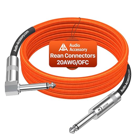 AA AUDIO ACCESSORY Right Angle Guitar Cable 10 ft, Nylon Braided Kevlar-Reinforced, 20AWG 99.99% OFC 1/4 Instrument Cable, Dual Shielded Amp Cord for Fender Electric Guitar, Neon Orange