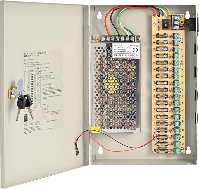 CCTV Power Supply Box 18 Channel 12V 10A, Lockable Metal Power Distribution with Resettable Fuse for Security Cameras DVRs