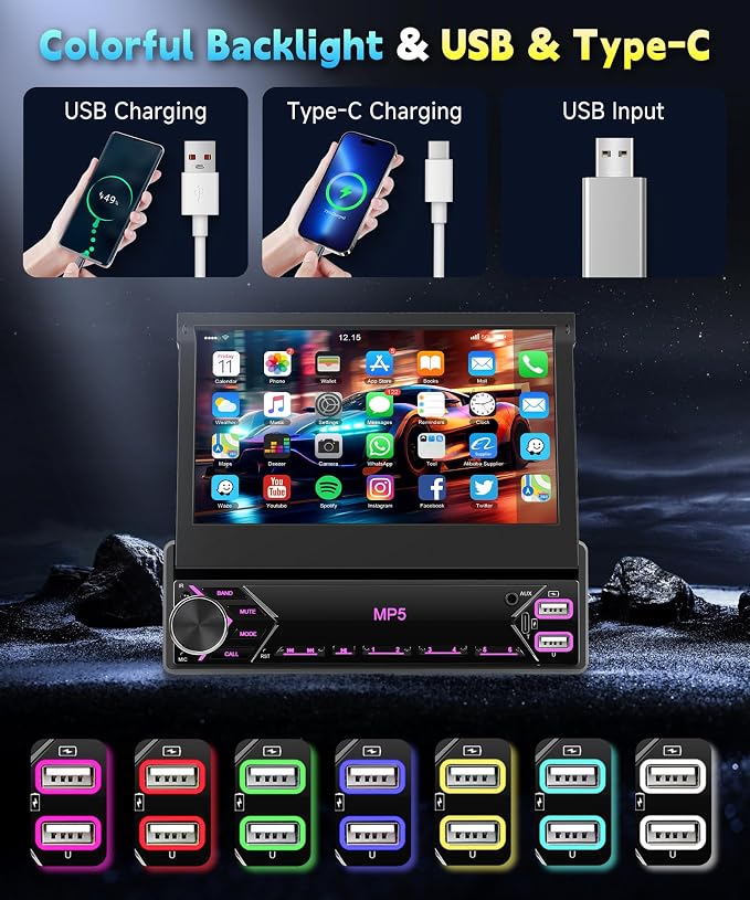 7 inch Single Din Flip Out IPS Touchscreen Car Stereo, 1 Din Car Stereo with Bluetooth Car Audio Receivers, Backup Camera, FM Radio/Mirror Link/USB/AUX/TF/Type-C Fast Charging
