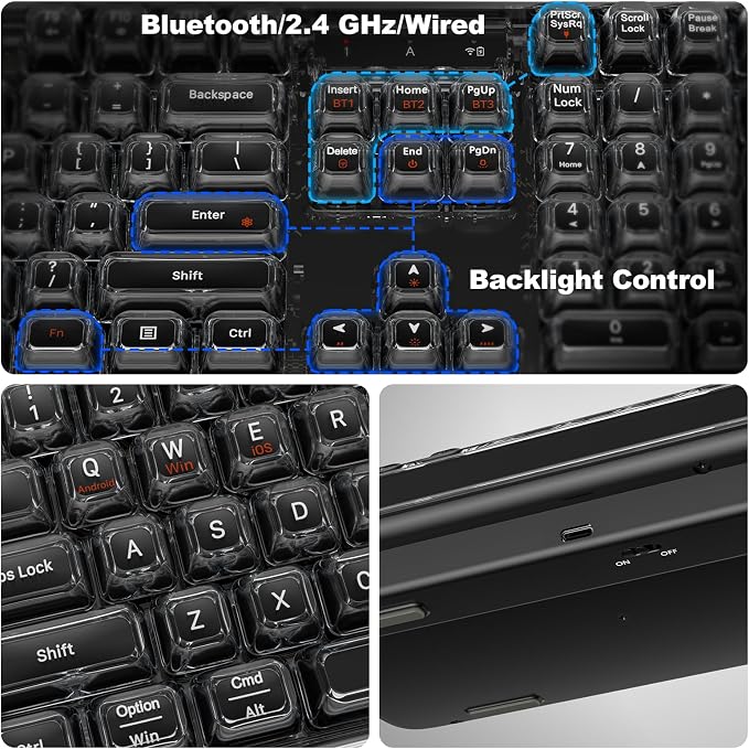 GEEZER Computer Backlit Keyboard Black Crystal - Full-Size Bluetooth Wireless Rechargeable Transparent Keycap Portable Keyboards Compatible with Windows, Laptop, PC, Desktop