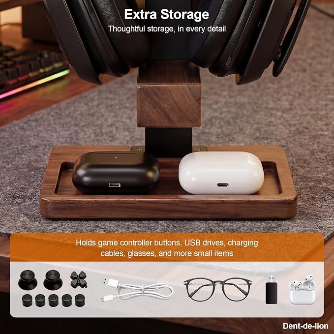 2-in-1 Solid Wood Headset Stand with Dual Game Controller Holder | Gaming Headphone Stand with Storage Base, 6 Joystick Sponge Rings and 8 Thumb Grips Gaming Equipment Accessories for Desk
