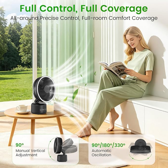 Camping Fan – Portable Rechargeable Fan with Auto Oscillation, Type-C Charging, LED, 4 Speeds, Remote & Timer Freestanding, Wall Mount, Hanging, Tripod Stand for Indoor, Outdoor, Tent, Travel, Jobsite