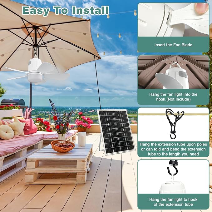 Gliztech Solar Ceiling Fan Light, 20000mAh Portable Gazebo fan with 30W Solar Powered Fan with Remote Control, Outdoor Ceiling Fan with Light for Patios, Canopy, Shed, RV, Porch and Chicken Coop