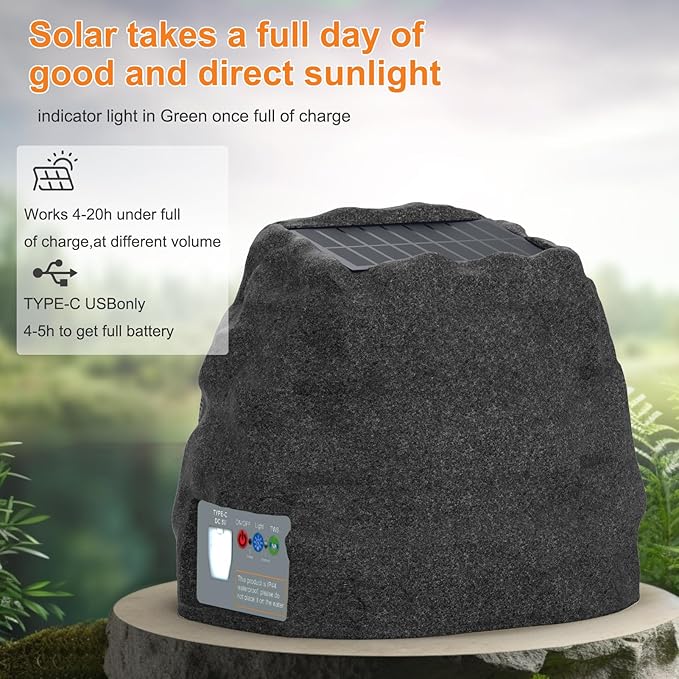 Outdoor Speakers Solar Powered & USB-C Rechargeable, Rock Speakers TWS Pairing Wireless Outdoor Speaker Bluetooth 5.4, LED Light Show, Waterproof, ideal for Backyard BBQ, Garden, Poolside (2-Pc,Black)
