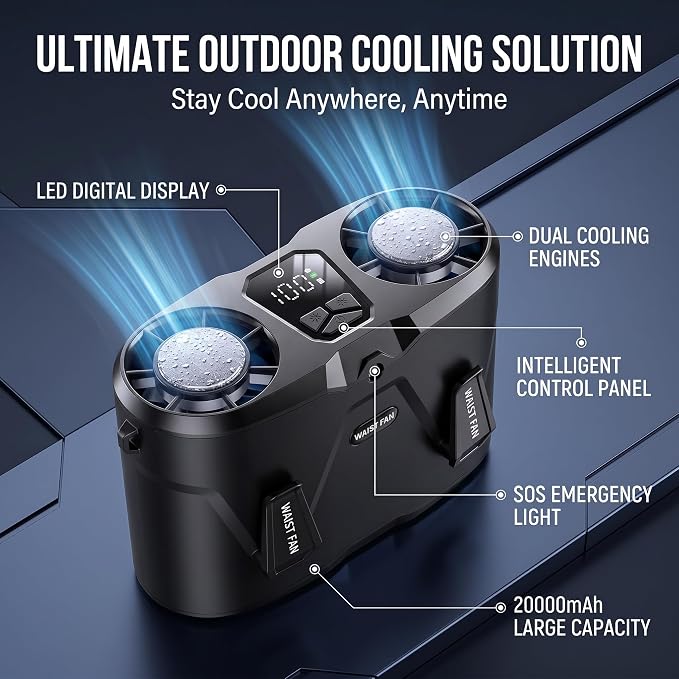 20000mAh Wearable Waist Fan, USB Rechargeable Personal Fan with 10 Wind Speeds, Dual Motors Portable Clip On Fan, Hands Free Cooling Fan for Outdoor Working Camping Travel (Black)