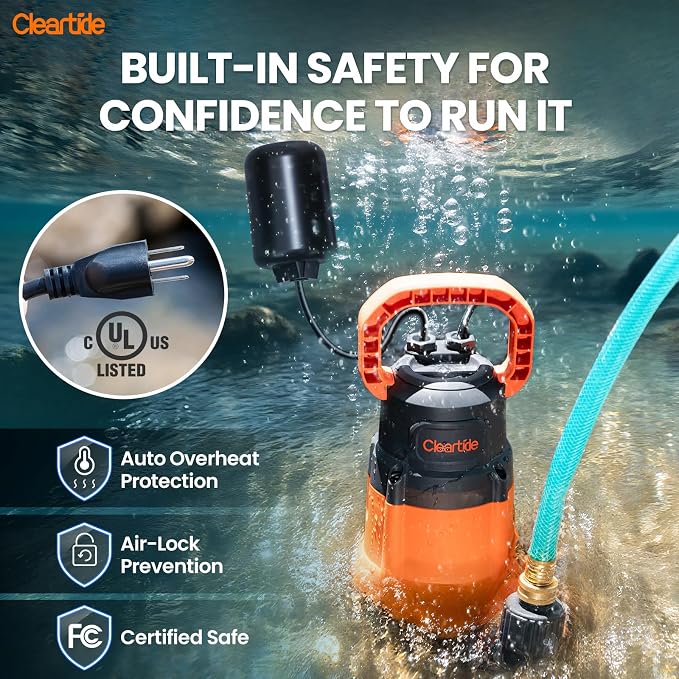 Cleartide Submersible Sump Pump with Float Switch, 1/3 HP 2790 GPH High Flow, Water Pump with Copper Motor, Ideal for Pool, Ideal for Yard and Flooded Cellar, Hot Tub, Garden Irrigation