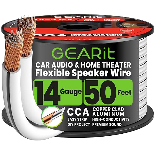 GEARit Speaker Wire 14 Gauge 50 Feet, Speaker Cable with Foot Markers & Polarity Markings,14 Gauge Wire for Car Audio & Home Theater Speakers,Audio Cable for DIY Installations,CCA(White)
