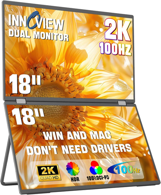 InnoView 18" 2K 100Hz Dual Portable Monitor 100% DCI-P3 Dual Monitor 315°Adjustable Screen Extender for Windows Mac Laptop with Speakers Type-C HDMI DP Foldable 2560x1600 Monitors (No Driver Needed)