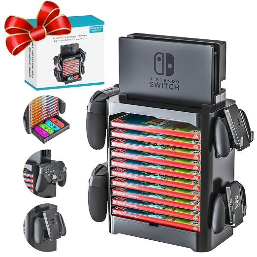Skywin NS Compatible Nintendo Switch Games Holder, Nintendo Switch Stand, Game Disk Rack, Controller Organizer, Switch Holder Stand for Gamers, Nintendo Switch Accessories (Black)