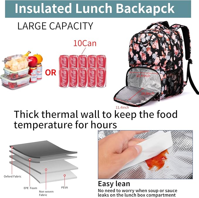 HILUSEN Lunch Backpack for Women, Insulated Cooler Lunch Box, Extra Large Work Backpack with USB Charging Port, Water Resistant 17 inch Travel Laptop Backpack