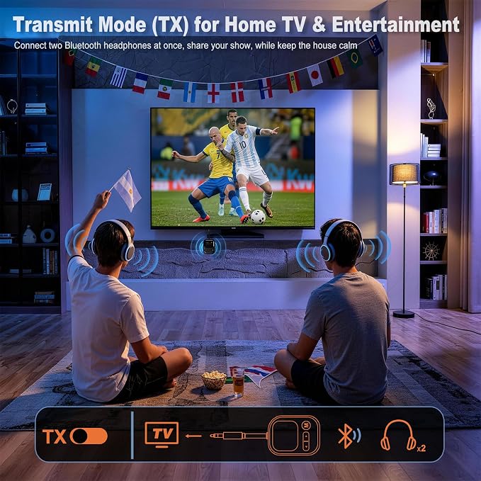 Airplane Bluetooth Adapter, 2-in-1 Bluetooth 6.0 Transmitter Receiver with Colorful Screen, Compatible with Pairs 2 AirPods/Headphones, Wireless Adapter for Flying, TV, Car, Gym, and Travel, Black