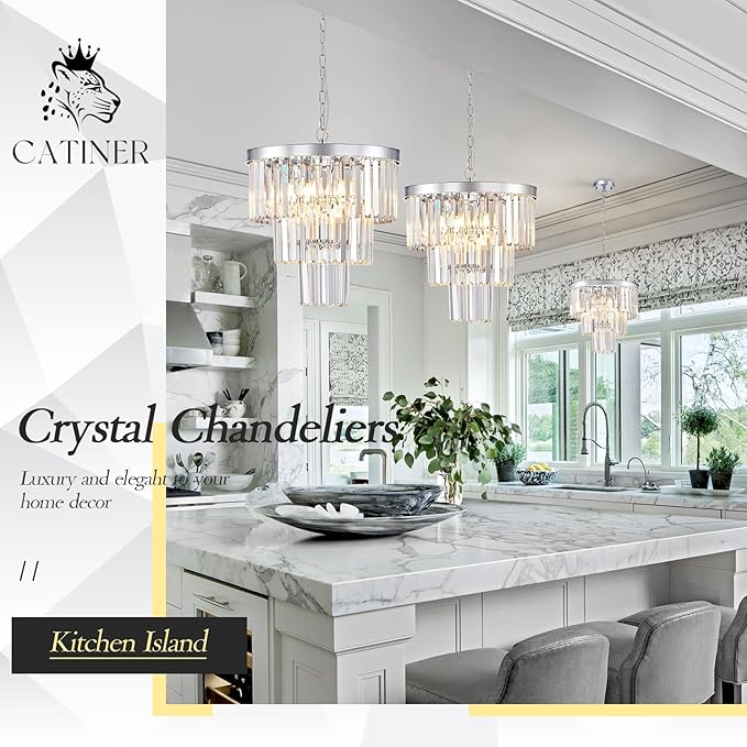 CATINER Modern Chrome Crystal Chandeliers 16" Small Pendant Light Luxury 3 Tiers 6-Light K9 Crystal Ceiling Pendant Round Light Fixture for Dining Room Entryway Kitchen Bedroom Closet