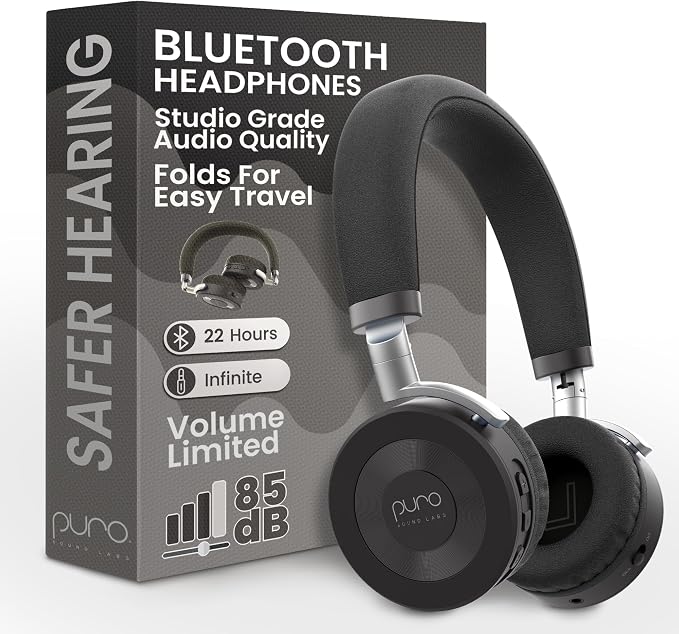 Puro Sound Labs JuniorJam Plus Volume-Limiting Wireless Bluetooth Headphones for Kids, Secure Audio with Adjustable On-Ear Design, 22-Hour Battery Life, Ideal for Tablets, Smartphones & PCs - Black