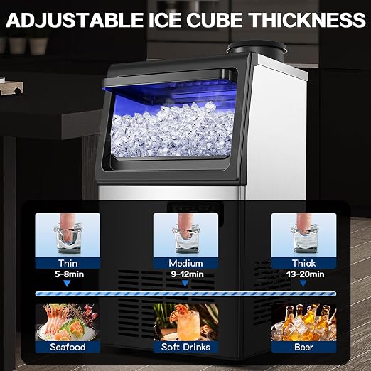 Commercial Ice Maker Machine 110LBS/24H, Undercounter or Freestanding Ice Machine with 22LBS Storage Bin, Stainless Steel Self-Cleaning for Home, Bar, Restaurant, Coffee Shop