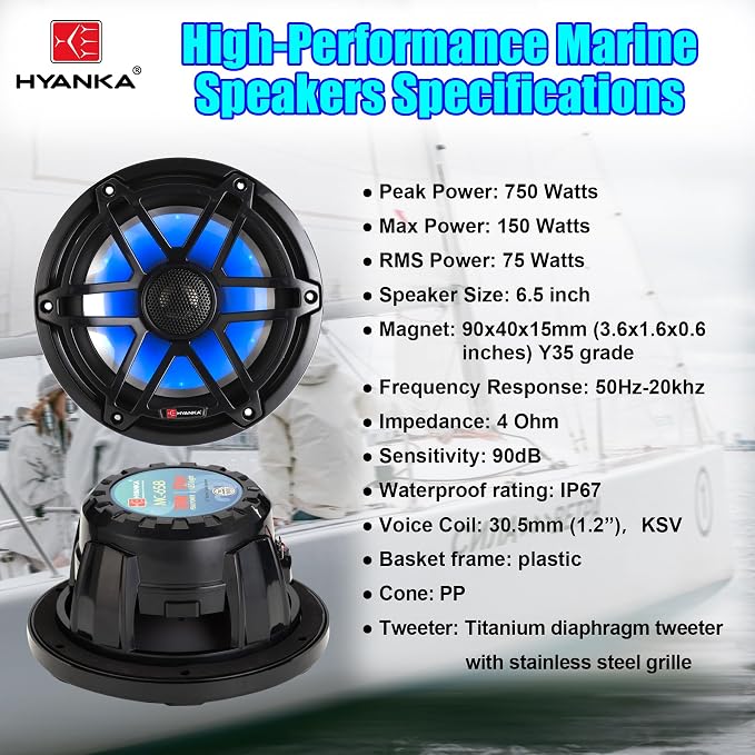 H YANKA MC-65B 6.5 Marine Speakers - 750W 2-Way IP67 Waterproof Marine Stereo System with Blue LED Light, Full Range Sound, Professional Boat Speakers, No Distortion, Y35 Magnet Woofer - 1 Pair