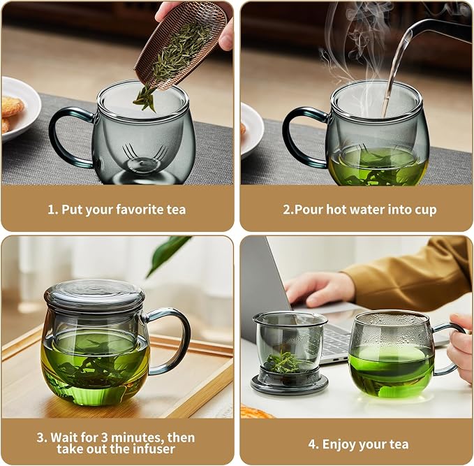 DOPUDO Glass Tea Cup with Infuser and Lid, 17.6oz/520ml Large Borosilicate Teacup & Coffee Mug Warmer with Auto Shut Off, 3 Temperature Settings