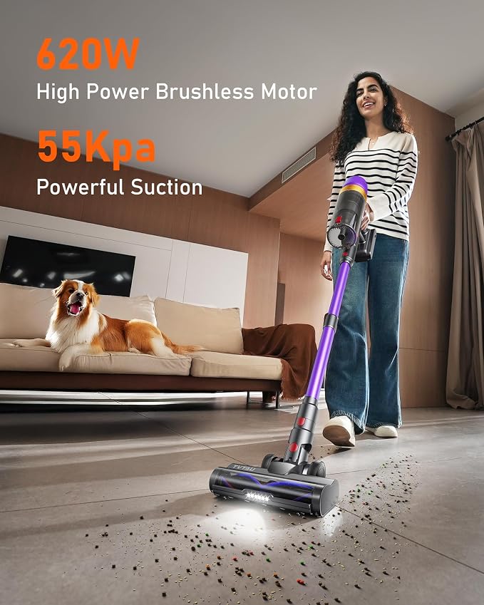 Cordless Vacuum Cleaner, Self-Standing 620W 55KPA 75Min Runtime Stick Vacuum for Home, 1.8L Dust Cup, LED Display, Anti-Tangle, 8-Stage Filtration, for Hardwood Floor Carpet Pet Hair