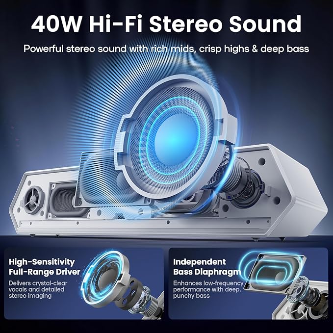 Deeyaple Computer Speakers, 40W PC Speakers for Desktop Monitor with Bluetooth 5.3 & USB Audio, HiFi Stereo Gaming Soundbar with Custom EQ Software, Dynamic RGB Lighting for Laptop, PS4, PS5, White.