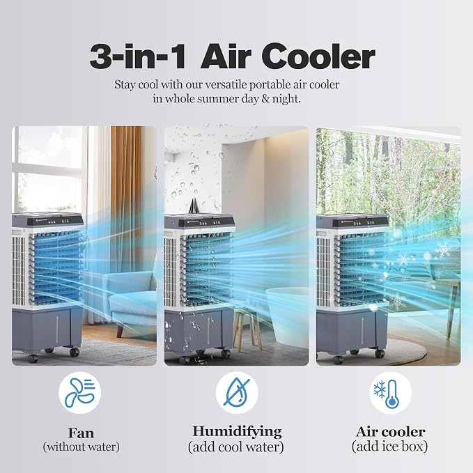 Portable Evaporative Cooler, Swamp Cooler Air Conditioner 5 Gal Water Tank | 1700 CFM, 120° Oscillation, 3 Speeds&Modes,12H Timer, Remote&Touch, for Garage, Large Room, Dry Climate
