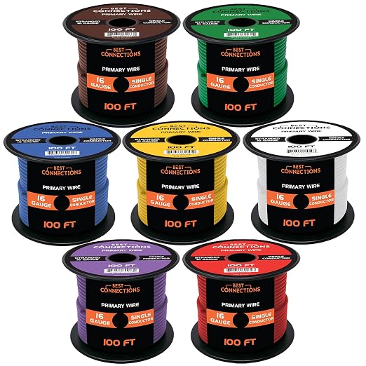 BEST CONNECTIONS 16 Gauge Automotive Primary Wire (Various Color/Size Options) Durable Primary/Remote Power/Ground Electrical Wiring for Automotive Speaker Lighting Circuits (100 Feet, 7 Rolls)