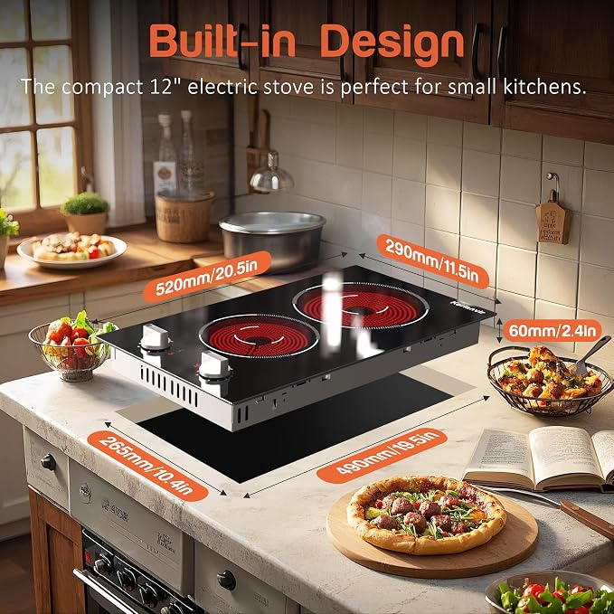 2 Burners Electric Cooktop 2000W, Plug in Electric Stove Top110v, Countertop & Built-in Cook top 12 Inch, 2 Burner Cooktop Knob Control, 9 Power Levels, Grey knob, Karienvir
