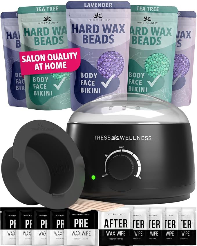 Tress Wellness Award Winning Waxing Kit for Sensitive Skin – Safe for Face & Skin, Easy to Use – At-Home Kit for Face, Bikini, Brazilian & Full Body - Black, No Display
