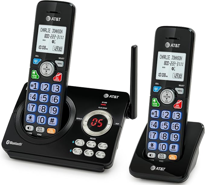 AT&T DECT 6.0 Cordless Phone, 2-Handset – Smart Call Blocker, Bluetooth Connect to Cell, Caller ID Announce, Answering Machine | DL72279