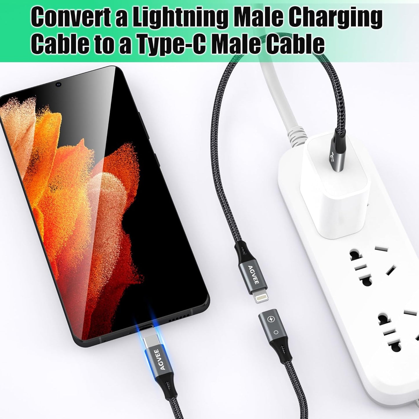 AGVEE 2 Pack 4 inch Lightning Female to USB C Male PD Adapter, 27W Fast Charger Charging Comverter for iPhone 15 16 Plus Pro Max Carplay, Samsung S25 S24 S23 S22, Not for Audio, Dark Gray