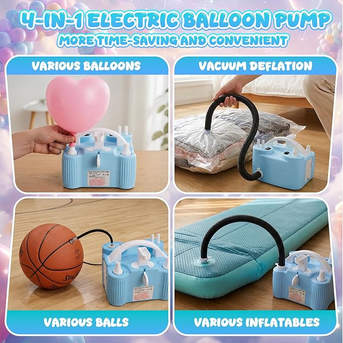 4-in-1 Electric Balloon Pump for All Balloons, Portable Triple Inflating Ports Air Pump, 600W High Power Balloon Blower for Latex Foil 260q Mylar Balloon, Air Beds Pool Float Sports Balls