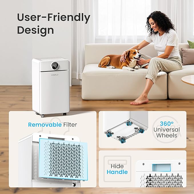 CHIVALZ 1500 Sq.ft Dehumidifier for Basement with Drain Hose, 25 Pints Dehumidifiers for Home, Bedroom, Bathroom, RV, 40dB, Intelligent Humidity Control, 3 Modes, 24H Timer, White 1Pack