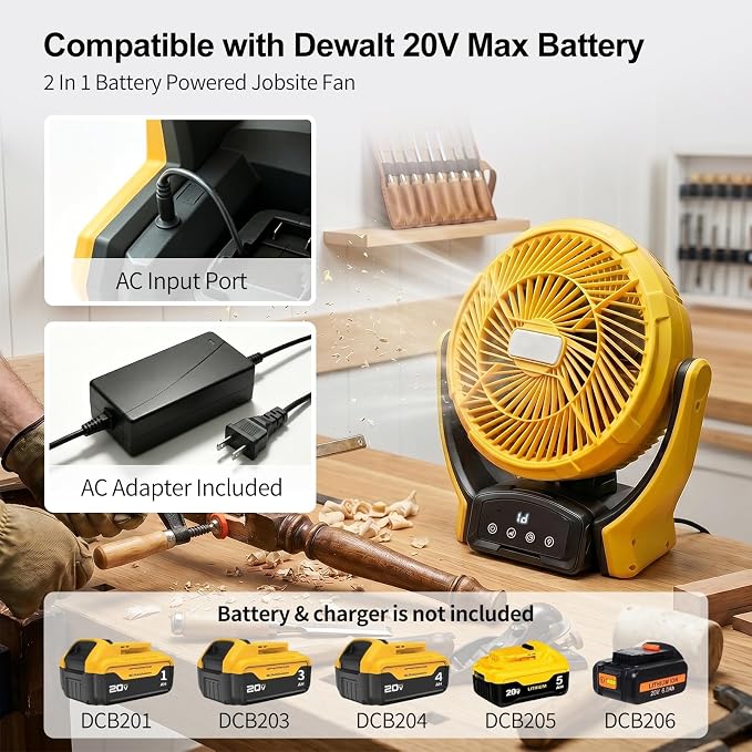 Battery Operated Camp Fan Compatible with Dewalt 20V Max Battery, Cordless 6 Speeds Wind Camping Rechargeable Fan with LED Lantern/AC Adapter for Outdoor, Beach, Patio, Tent(Battery No Included)