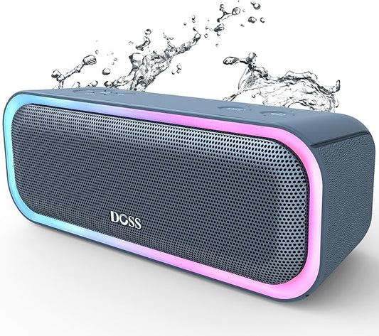 DOSS SoundBox Pro Bluetooth Speaker, 20W Stereo Sound, Active Extra Bass, 20H Playtime, Multi-Colors Lights, Wireless Stereo Pairing, IPX6 Waterproof for Garden, Hiking, Camping, Party-Stone Blue