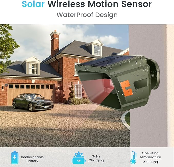Solar Driveway Alarm Wireless Outdoor 1/2 Mile Range - Customizable Alarm Tones Weatherproof for Driveway Gate, 3 Sensitivity Motion Sensor & Detector Alert for Outdoor/Indoor Property