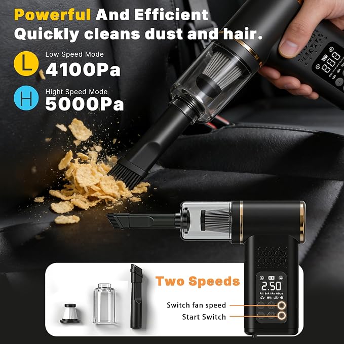 Car Tire Inflator- Vacuum Cleaner- Air Compressor 3-in-1 150PSI Air Pump Cordless Rechargeable USB Portable Battery Operated Inflatables for Car, Motorcycle, Bike, Balls