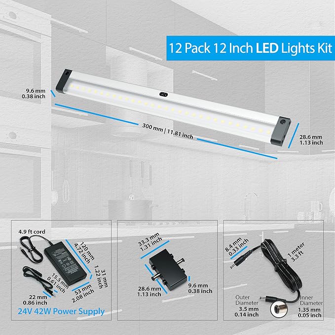 EShine Hand Wave Activated Under Cabinet LED Lighting Kit, Dimmable, 12-Pack 12 in - Touchless Dimming Control, Black Under Counter Lights for Kitchen, Garage, Office, Desk - Warm White (3000K)