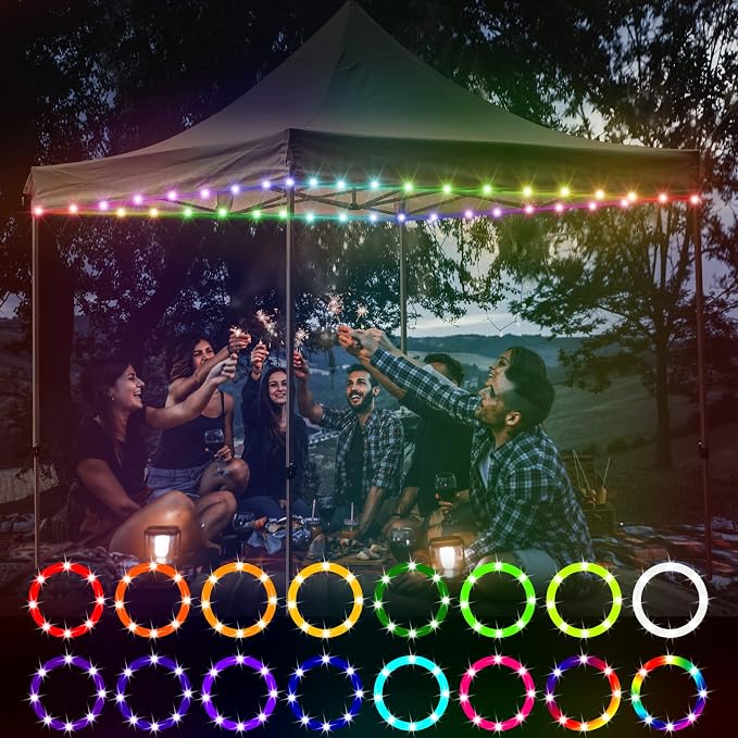 Waybelive LED Canopy and Umbrellas Rope Lights, 39.4 Ft Remote Control Rim LED Light String, 16 Color Change by Yourself, Waterproof, C Battery Powered, Bright to Display at Night Outdoors