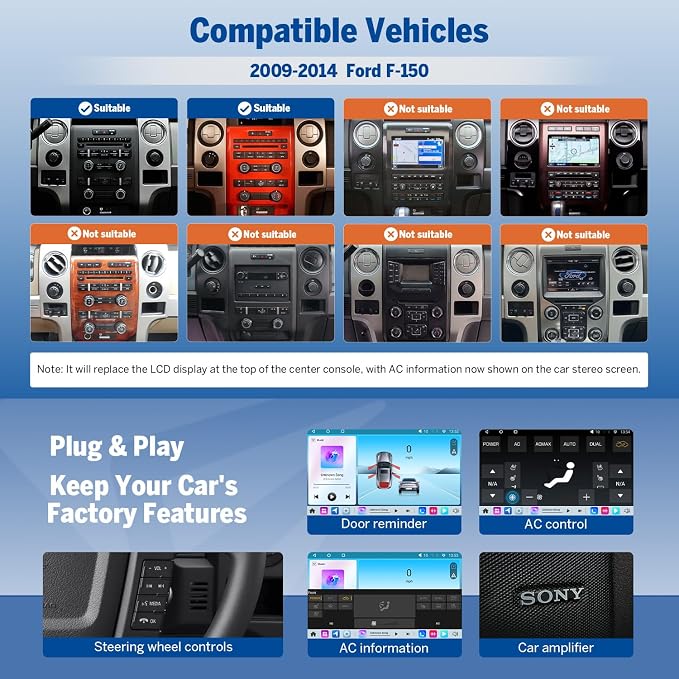Eonon 9" Car Radio Compatible with Ford F150 2009-2014,Large Touchscreen Display Android Car Stereo - Wireless CarPlay & Android Auto, QCM6225-AD 8-Core, 6G+64GB ROM - FDF1X7S