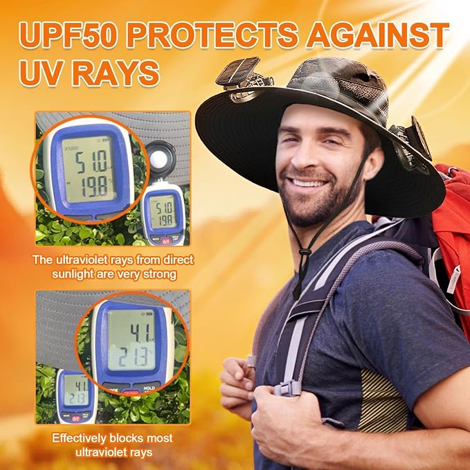 Solar Fan Hat for Men - Wide Brim Cooling Hat with 2 Built-in Solar & USB Rechargeable Fans for Fishing Hiking