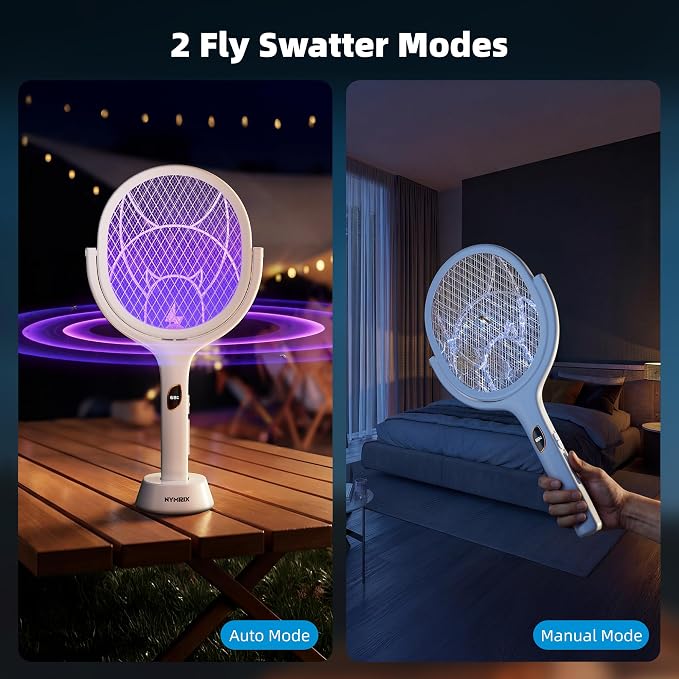 Nymrix Electric Fly Swatter Racket with Rotating Head & Telescopic Handle, 2-in-1 Bug Zapper, 4100V Rechargeable Mosquito Killer with 2600 mAh Battery for Indoor & Outdoor Use (White,2 Pack)