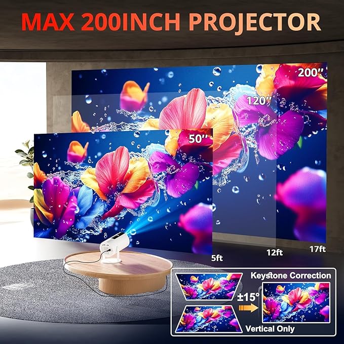 [Auto Keystone] Mini Projector with WIFI and Bluetooth, Pericat Portable Movie Projector with 210° Rotatable, 4K 1080P Home Theater Projector Compatible with Smartphone, TV Stick, Laptop, HDMI, USB