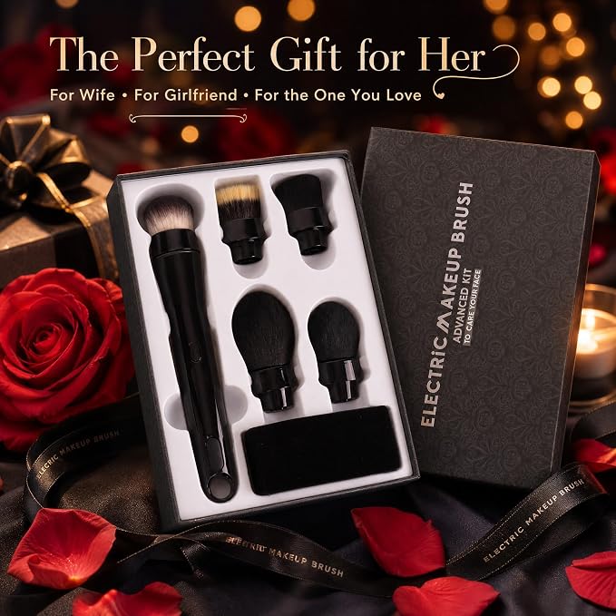 360° Electric Rotating Makeup Brush Set, 5 Vegan Brush Heads, Rechargeable Blending Face Brushes For Foundation, Blush, Powder, Bronzer, Contour, Highlight & Airbrush Finish, Flat Kabuki Brush