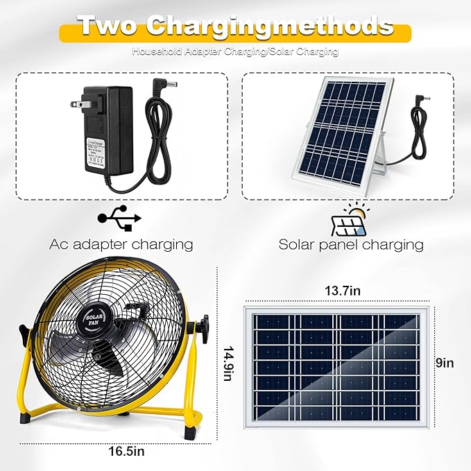 DBF 14" Solar Powered Fan, 15000 mAh Rechargeable Battery Operated Outdoor Floor Fan, 20W Solar Panel, 4-24H Runtime, 12 Speeds, Quiet, Cordless, For Outside Barn Home Outage, Yellow