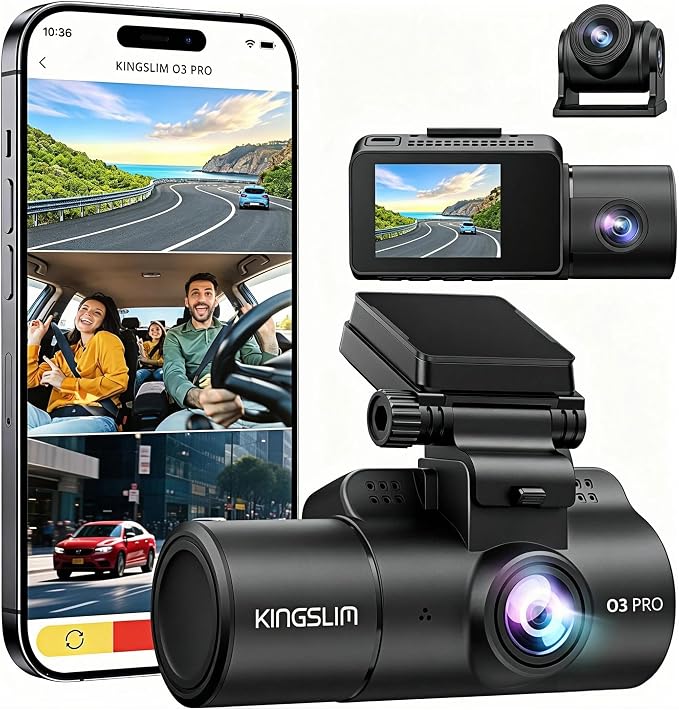 Kingslim 3 Channel 5G WiFi Dash Cam with 64GB Card, 2.5K/1080P Front and Rear Inside Dashcam, 2.5K/1080P/1080P Three Way Dash Camera for Cars Auto IR Night Vision, Loop Recording, APP Control(O3PRO)
