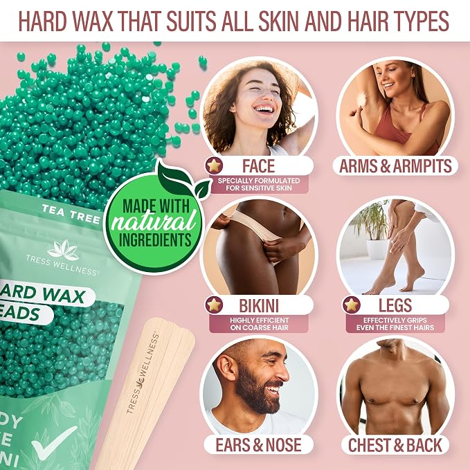 Tress Wellness Award Winning Waxing Kit for Sensitive Skin – Safe for Face & Skin, Easy to Use – At-Home Kit for Face, Bikini, Brazilian & Full Body - Midnight Rose, No Display