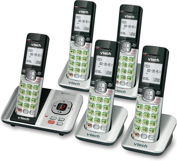 VTech CS6529-5 5-Handset DECT 6.0 Cordless Phone with Answering System, Caller ID/Call Waiting, Wall-Mountable, LCD Screen, Handset Speakerphone (Silver/Black)