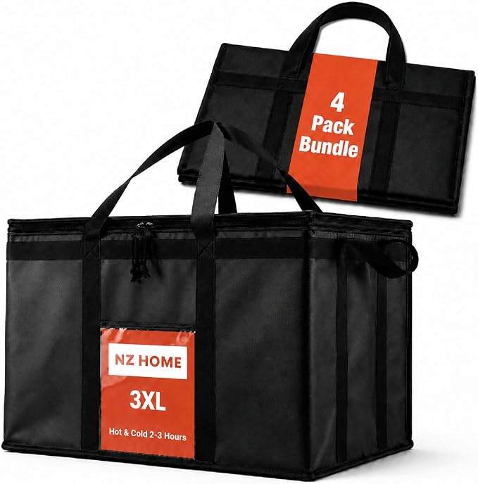 NZ home Insulated Bags for Food Delivery (3XL) Grocery Shopping Cooler Bag, Pizza Delivery, Hot & Cold Catering Tote, Reusable, Foldable & Heavy Duty (4 Pack, Black)