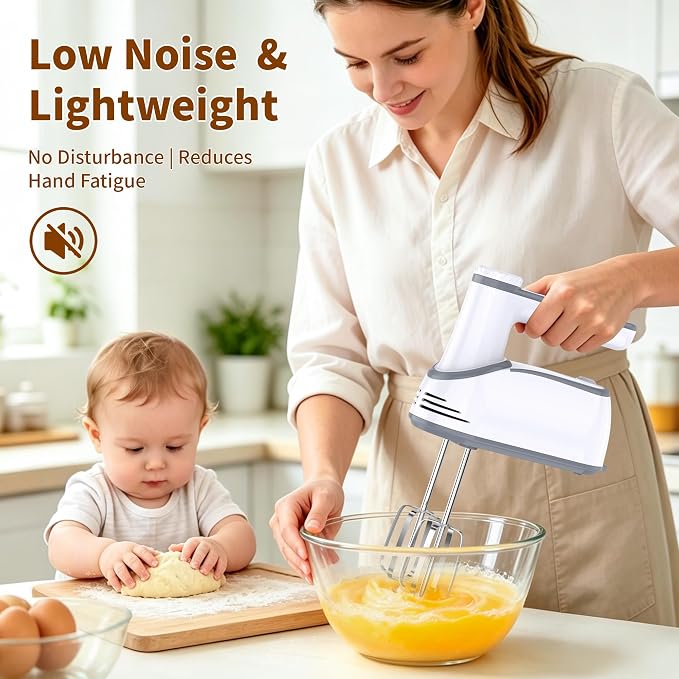 binROC Cordless Electric Hand Mixer, 12-Speed Rechargeable Handheld Mixer with Eject Button, 6 Stainless Steel Attachments, Snap-On Storage Case, LED, Self-Stand for Baking, Cake, Dough, Egg (White)