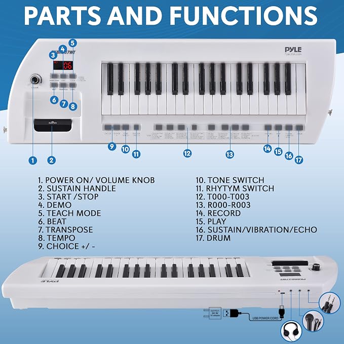 Pyle 37 Key Portable Piano Keyboard, Compact Electronic Piano with Built-in Speakers, Wired Mic, Rechargeable Battery & Strap, Digital Musical Keyboard for Beginners, Travel, and Karaoke Fun