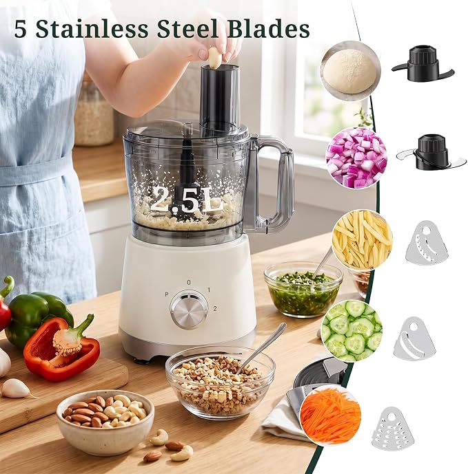 Food Processor 10.5 Cup (2.6QT), 600W Electric Food Chopper with 5 Stainless Steel Blades, 3-Speed Vegetable Chopper for Slicing, Shredding, Chopping & Dough Kneading, BPA-Free, Dishwasher Safe