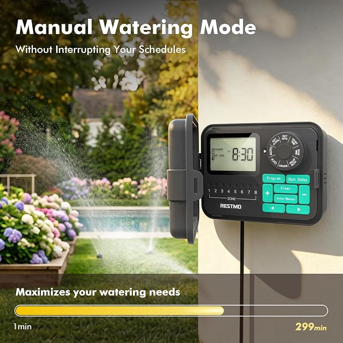 RESTMO Remote Control 8-Station Swing Panel Sprinkler System Timer, Outdoor Sprinkler Controller with Rain Delay/Manual/Automatic Watering System, Digital Irrigation for Yard, Lawn & Garden